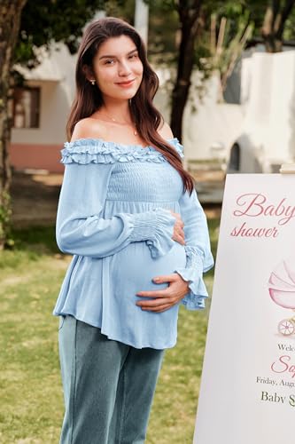 OUGES Womens Cotton Blend Off The Shoulder Maternity Tops Smocked Ruffle Sleeve Blouse Going Out Pregnancy Shirts 2025 - color: Light Blue, size: Small