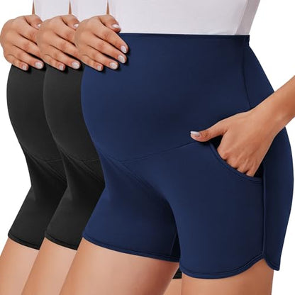 Ekouaer 3 Pack Maternity Shorts with Pockets Pregnancy Stretchy Pajama - color: Black/Black/Navy Blue, size: Small
