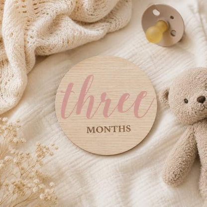 Kate & Milo Wooden Baby Monthly Milestone Discs, Pink Script Design - color: Pink Text Circle