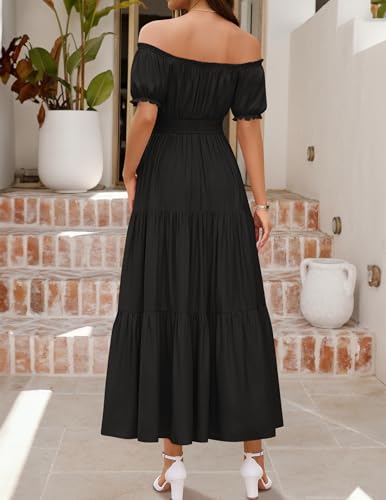 ZESICA Womens 2026 Summer Off Shoulder Boho Maxi Dress - color: Black, size: Small