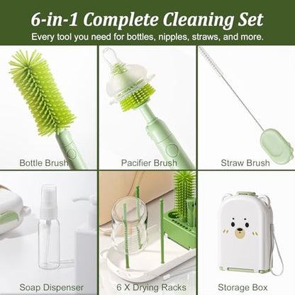 Travel Baby Bottle Cleaner Kit, 6-in-1 Brush Set for Bottles & Pumps - color: Green