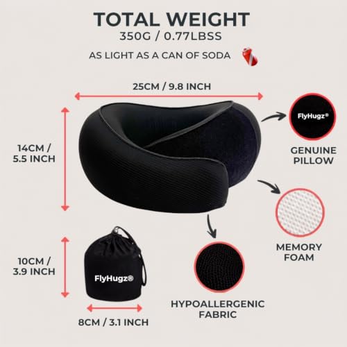 FlyHugz® Neck Travel Pillow Memory Foam Neck Pillow, Midnight Black - color: Midnight Black