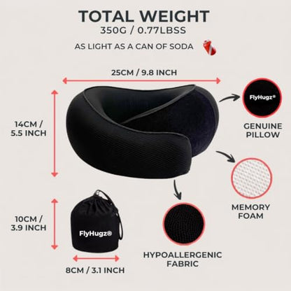 FlyHugz® Neck Travel Pillow Memory Foam Neck Pillow, Midnight Black - color: Midnight Black