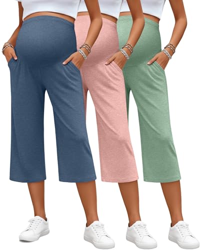 3 Pack Women's Maternity Capris - color: Grass Green, Light Pink, Haze Blue, size: Small