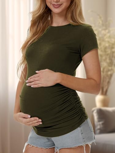 3 Pack Womens Maternity Shirts, Crew Neck Maternity Top Short Sleeve - color: Black/Light Grey/Army Green, size: Large