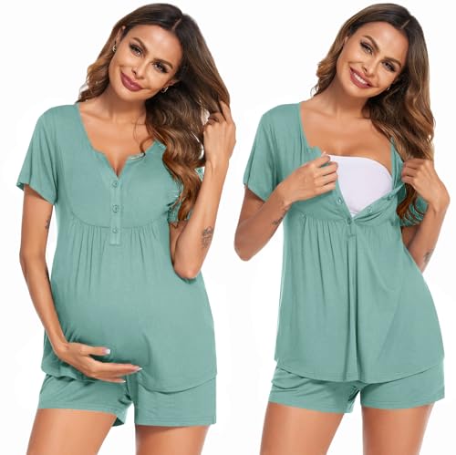 Ekouaer Women Maternity Nursing Pajama Sets Short Sleeve Postpartum Pajamas - color: Aqua, size: Medium