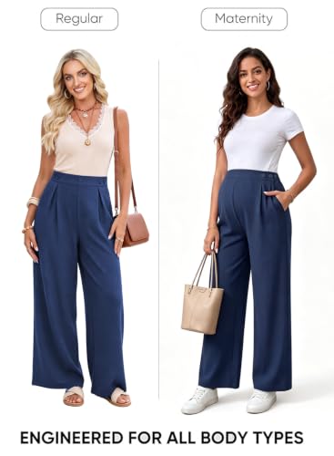 BLENCOT Maternity Pants Work Waffle Knit Wide Leg Pregnancy Trousers - color: Navy Blue, size: Medium