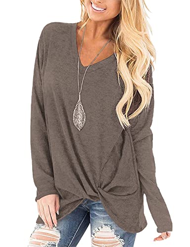 SimpleFun Womens Tops Long Sleeve Shirts V Neck Loose Twist Knot Fall Tunic - color: 02-coffee, size: X-Large