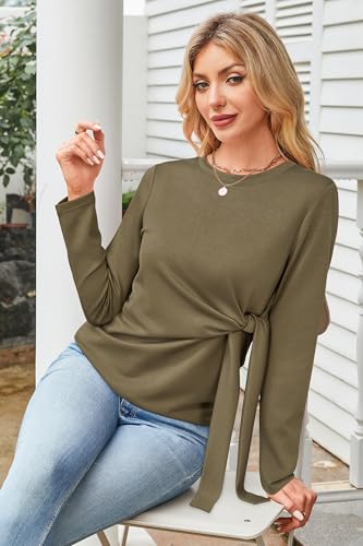 OUGES Women's Bow Tie Waist Maternity Shirts Long Sleeve Pregnancy Tops Crew Neck Fall Winter Elegant Business Blouse - color: Green, size: Large