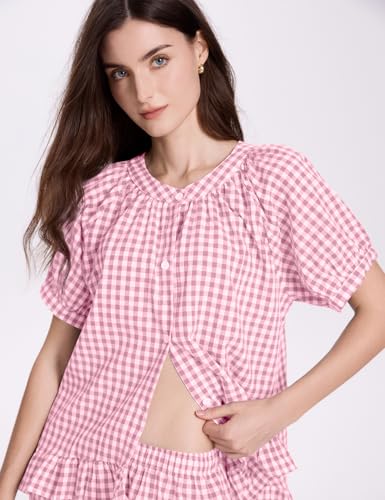COZYPOIN 100% Cotton Pajamas for Women Set Cute Gingham Lounge Set - color: Pink, size: Large