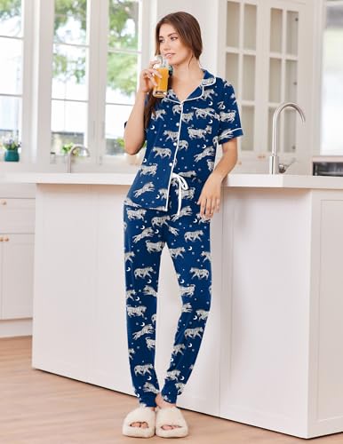 Ekouaer Women Pajama Set Short Sleeve Button Down Pjs with Jogger Pants - color: Blue Zebra, size: Medium