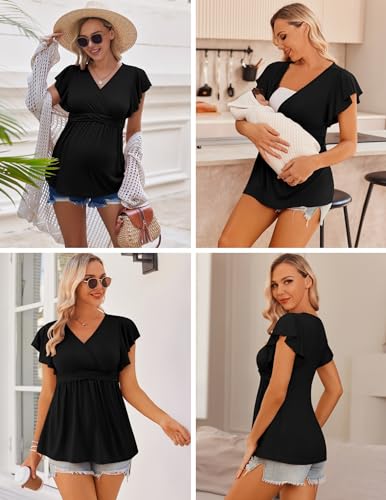 Ekouaer Maternity Shirts 3 Packs Nursing Tops Pregnancy Clothes - color: Army Green + Grey + Black(3pcs), size: Medium