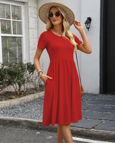 COSSEN Women's 2026 Summer Midi Dress Crew Neck Short Sleeve - color: B03-red, size: Medium