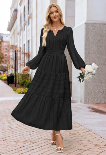 MEROKEETY Womens Fall Puff Long Sleeve Casual V Neck Modest Midi Maxi Dress - color: Black, size: X-Large