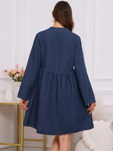Women's Maternity Denim Dress Babydoll Long Sleeve Cotton Button Down Shirt Dresses Fall - color: Deep Blue, size: Large