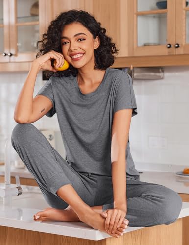 Ekouaer 2 Pack Womens Pajama Short Sleeve Jogger Pants Pjs Lounge Set - color: Black and Dark Grey, size: Small