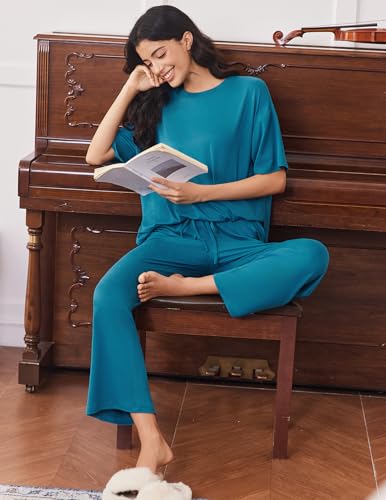 Ekouaer Lounge Sets for Women Soft Comfy Pajama Set 2 Piece Outfits - color: Blue Green, size: Large