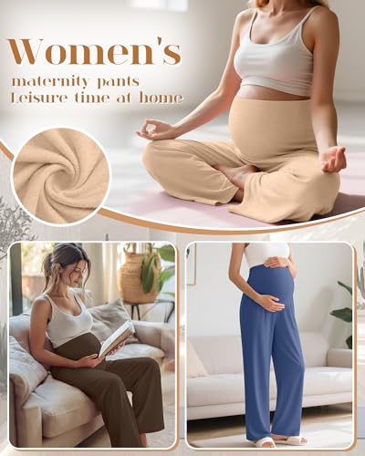 3 Pack Women's Maternity Lounge Pants with Pockets - color: Brown, Apricot, Blue, size: Large