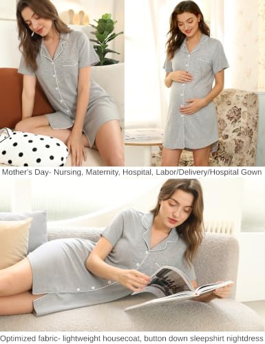 Senert Nightgowns for Women Button Down Sleeve Sleep Shirt Night Gowns - color: Light Grey, size: Medium