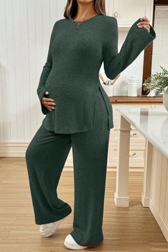BLENCOT Maternity 2 Piece Outfits Ribbed Knit Long Sleeve Sets - color: Mist Green, size: Medium