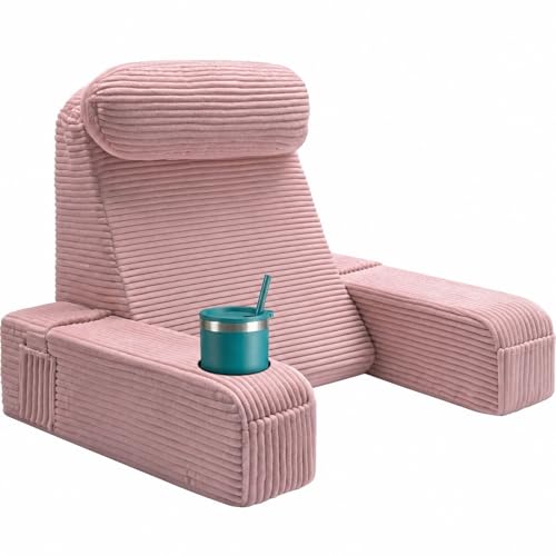 Reading Pillow for Adults, Back Pillow for Bed Sitting Up, Backrest Pillow for Sitting in Bed, Detachable Arms with Built-in Cup & Phone Caddy (Dusty Pink-Corduroy, 21 INCH) - color: Dusty Pink-corduroy, size: 21 INCH