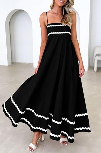PRETTYGARDEN Women's Summer Spaghetti Strap Boho Maxi Dress - color: Black, size: XX-Large