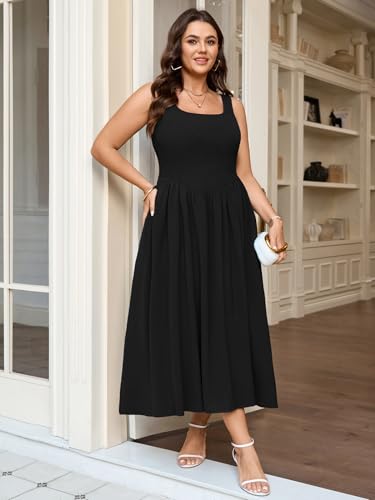 SCOMCHIC Women's Plus Size Summer Tank Dress Sleeveless Smocked A Line Flowy Maxi Dresses - color: Black, size: XX-Large Plus
