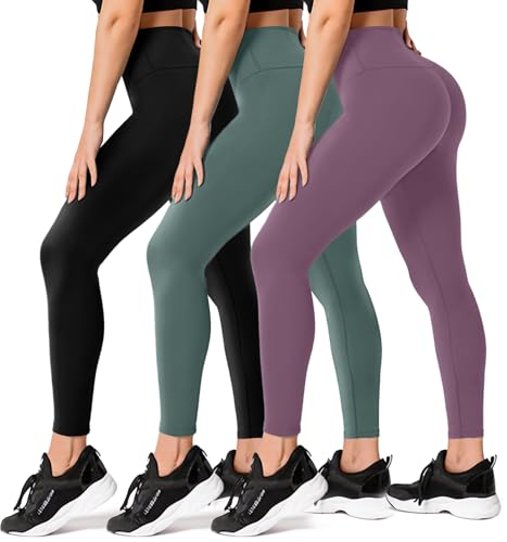 FULLSOFT 3 Pack Leggings for Women High Waisted Soft Black Yoga Pants for Workout Athletic Running Reg & Plus Size - color: Black,dark Green,pink, size: Small-Medium