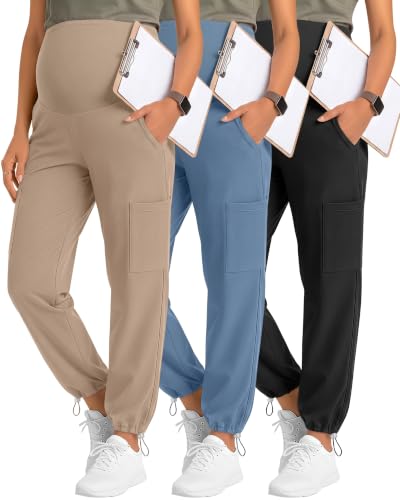 Locoowai 3 Pack Women's Maternity Jogger Scrub Pants with Pocket - color: Black, Haze Blue, Khaki, size: X-Large
