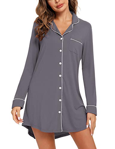 Anjue Long Sleeve Button Down Pajama Nightgowns for Women - color: 101iron Grey, size: Medium