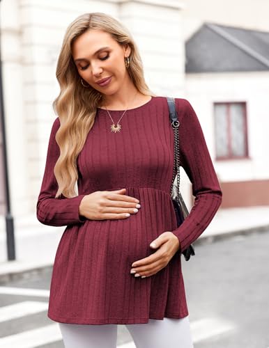 Maternity Shirts Dressy Long Sleeve Pregnancy Fall Tops Work Blouses - color: Wine Red, size: Medium