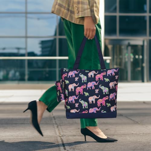 NGIL Medium Canvas Tote Bag with Coin Purse - color: Bohemian Elephant-navy