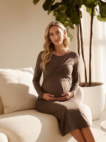 BLENCOT Maternity Nursing Midi Dress Twist Knot Pull Up Feed Postpartum - color: Brown, size: Small