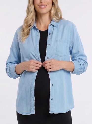 Motherhood Maternity Women's Button Down Poplin Long Sleeve Pregnancy Shirt - color: Chambray, size: Medium