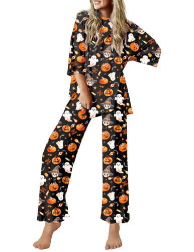 Ekouaer Lounge Sets for Women Soft Comfy Pajama Set 2 Piece Outfits - color: Black Halloween, size: Large