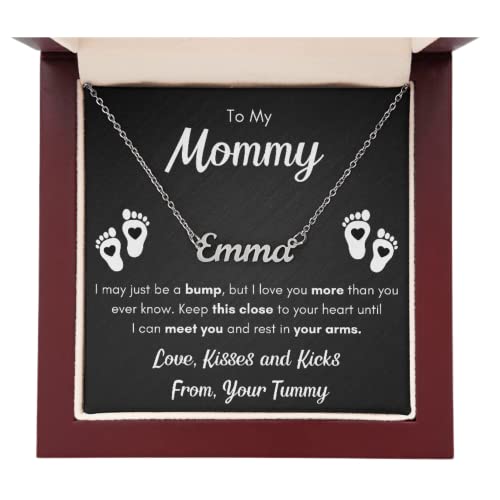 FG Family Gift Mall Baby Gift Set To My Mommy Necklaces For Women, Gift for New Mom, Baby Shower Present for Mom To Be Pregnancy Gifts for First Time Pregnant Moms Christmas - color: Baby Bump Custom Name, style: Mahogany LED Box