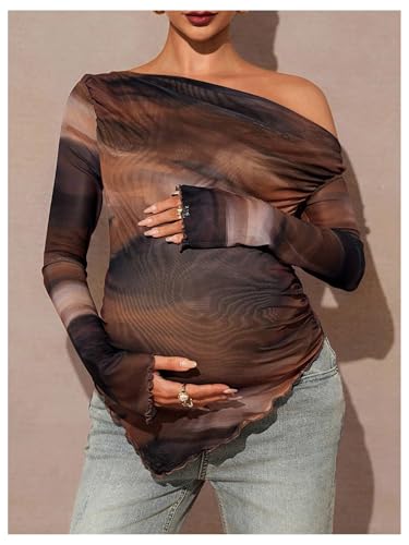 MakeMeChic Women's Maternity Clothes Fall Tie Dye Asymmetrical Blouse Tops - color: Brown, size: Large