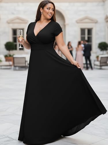 KOH KOH Womens 2026 Sexy Cap Short Sleeve V-Neck Flowy Cocktail Gown - color: Black, size: Medium