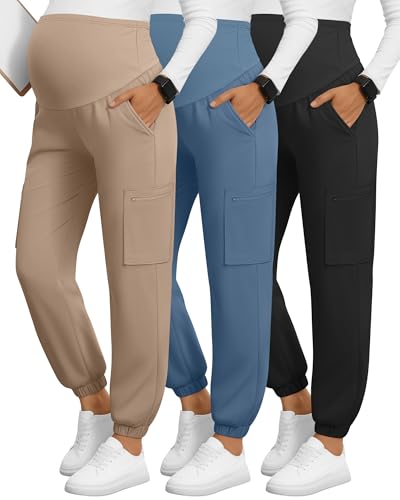 3 Pack Maternity Scrub Cargo Jogger Pants - color: Black, Haze Blue, Khaki, size: Medium