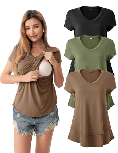 SUNNYBUY 3 Pack Maternity Nursing Tops for Postpartum Breastfeeding Shirts - color: Black+camel+army Green, size: Large