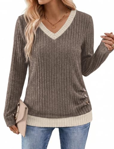 Sampeel V Neck Long Sleeve Shirts Button Side Sweaters Color Block Tops - color: Coffee, size: Large
