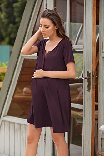 Ekouaer Labor and Delivery Gown Maternity Nursing Nightgown Breastfeeding - color: Maroon, size: Large