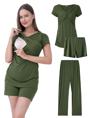 3-Piece Maternity Nursing Pajamas Set for Pregnancy & Postpartum - color: Army Green, size: Medium