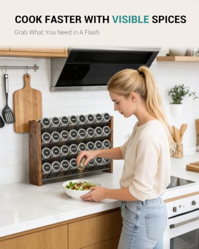 Spice Rack Organizer for Cabinet, Wood Countertop Shelf, No Jars Included - size: Holds 32 Jars, 15.7"W × 10.3"H