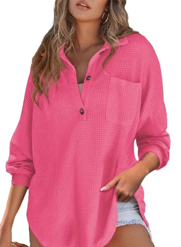 Astylish Women Waffle Knit Tops Henley Shirts - color: Rose Red, size: XX-Large