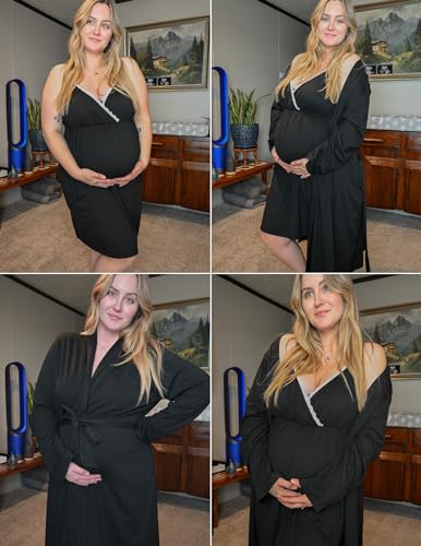 Ekouaer Nursing Nightgown and Maternity Robe Set Labor and Delivery Gown - color: A Black, size: Large