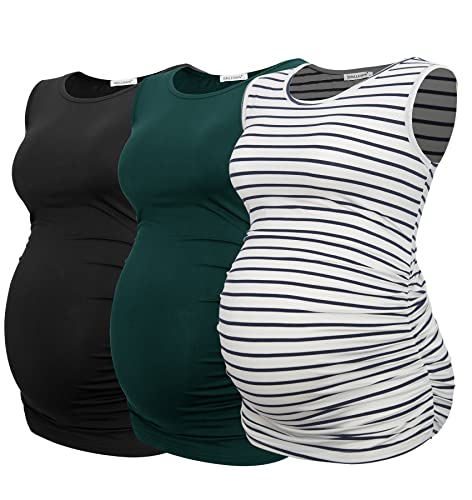 Smallshow Women's Maternity Tank Tops Sleeveless Ruched Pregnancy Clothes 3-Pack - color: Black-deep Green-white Stripe, size: Medium