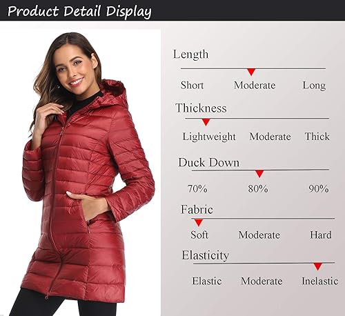 Obosoyo Women's Winter Packable Down Jacket Plus Size Ultralight Long Down Outerwear Puffer Jacket Hooded Coat - color: Winered, size: Large