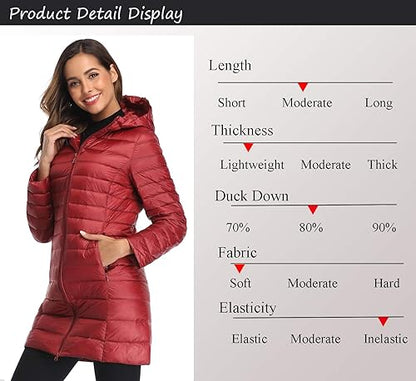 Obosoyo Women's Winter Packable Down Jacket Plus Size Ultralight Long Down Outerwear Puffer Jacket Hooded Coat - color: Winered, size: Large