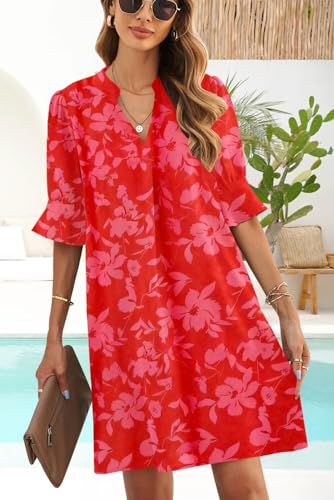 QACOHU Womens Summer Casual V Neck Shift Mini Dress - color: C-red Flower 02, size: X-Large